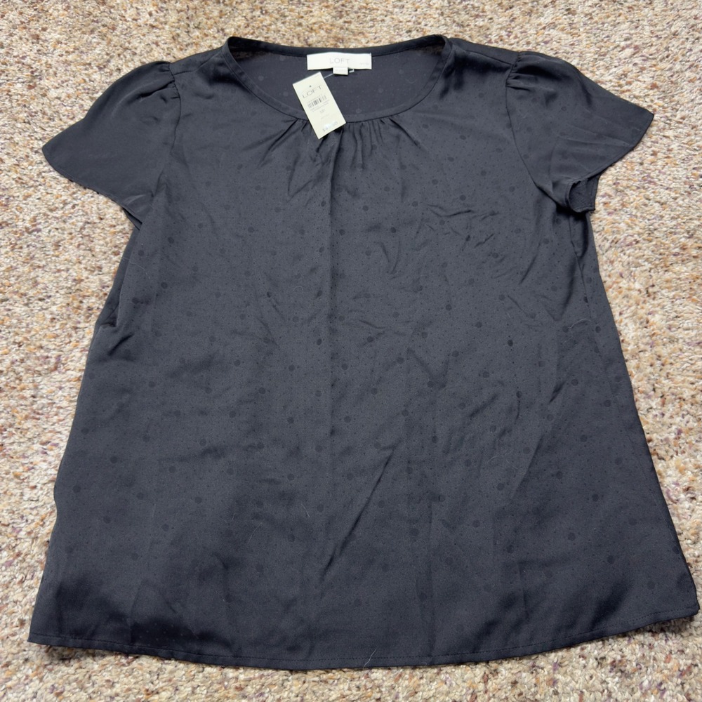 LOFT Petites Black Polka Dot‎ Short Sleeve Pleated Blouse SP NWT 314955